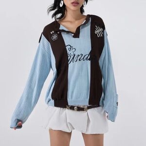 Sundae School Baby Blue Brown Soccer Jersey Knit Sweater